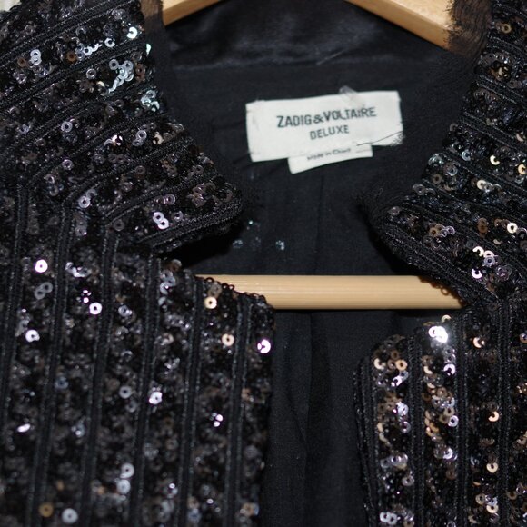 Zadig & Voltaire deluxe Black and Silver Textured Blazer sequins women size S - Picture 15 of 17